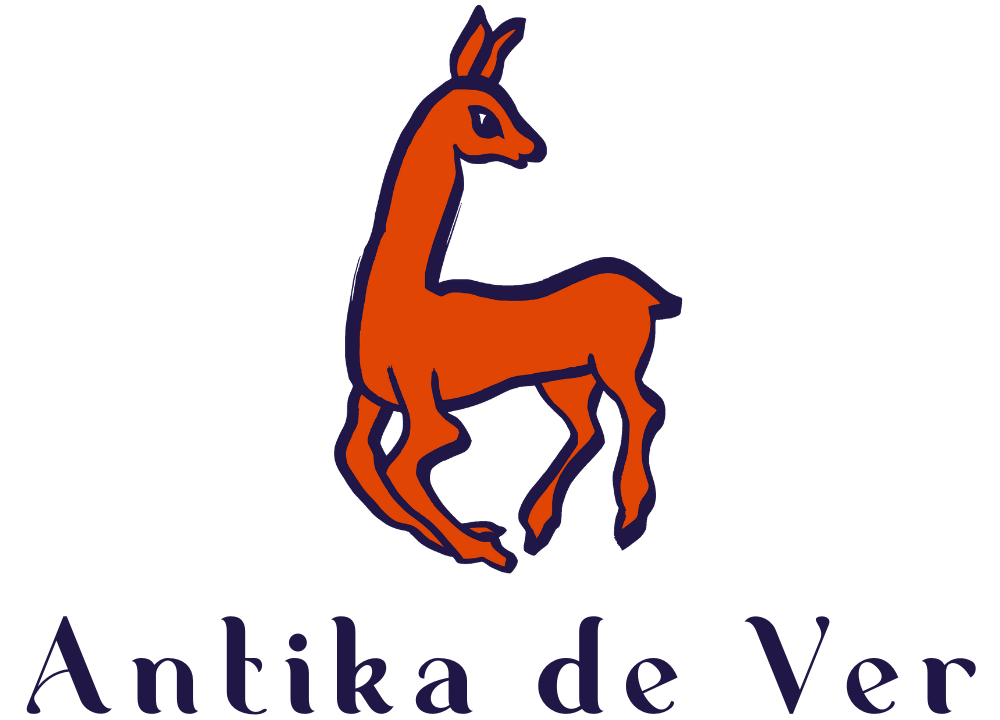 A two-dimensional line drawing of a baby deer, outlined in navy and filled in with bright coral. The fawn's long neck extends up and turns its head to gaze backward, as its front legs fold in as if to sit down. Underneath, navy text reads "Antika de Ver".